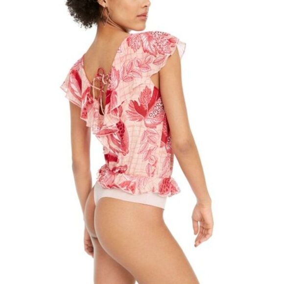 Guess Ruffle Lace Up Blouse Bodysuit Women's MEDIUM Pink White Floral V-Neck NEW - Picture 10 of 11
